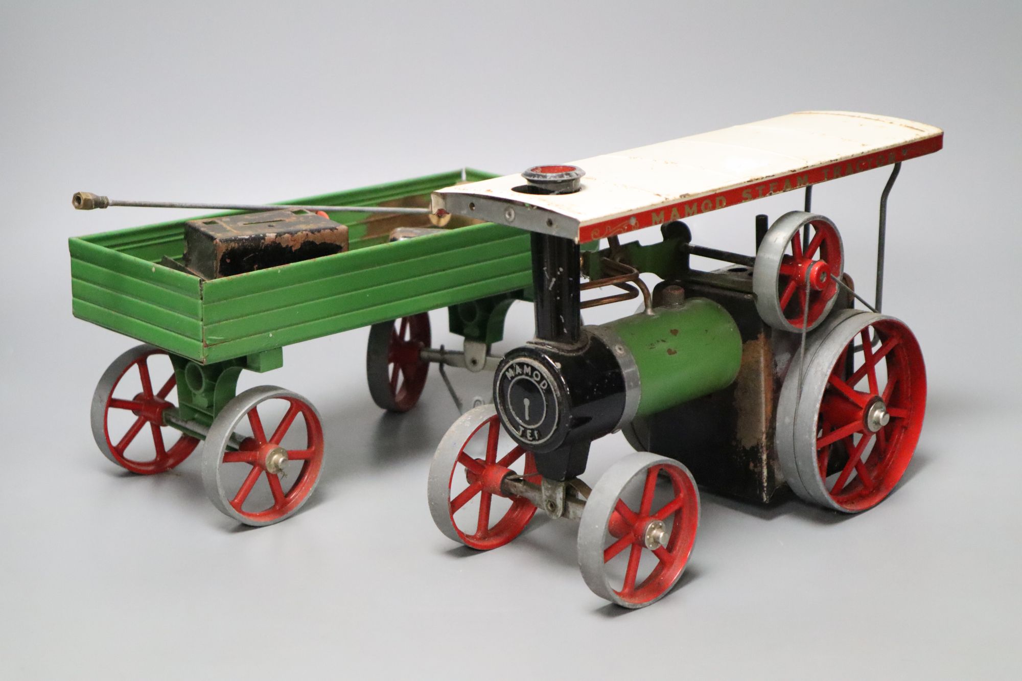A Mamod steam tractor and wagon